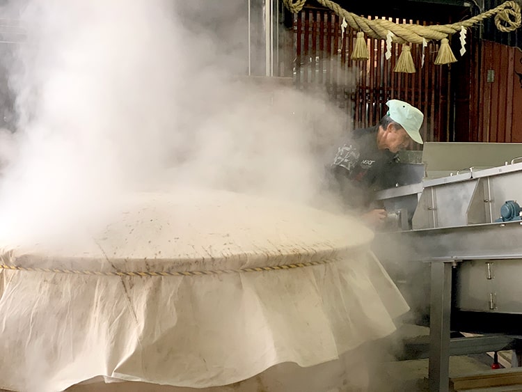 酒蔵に蒸米の香りが