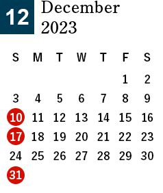 December 2023 Business day calendar