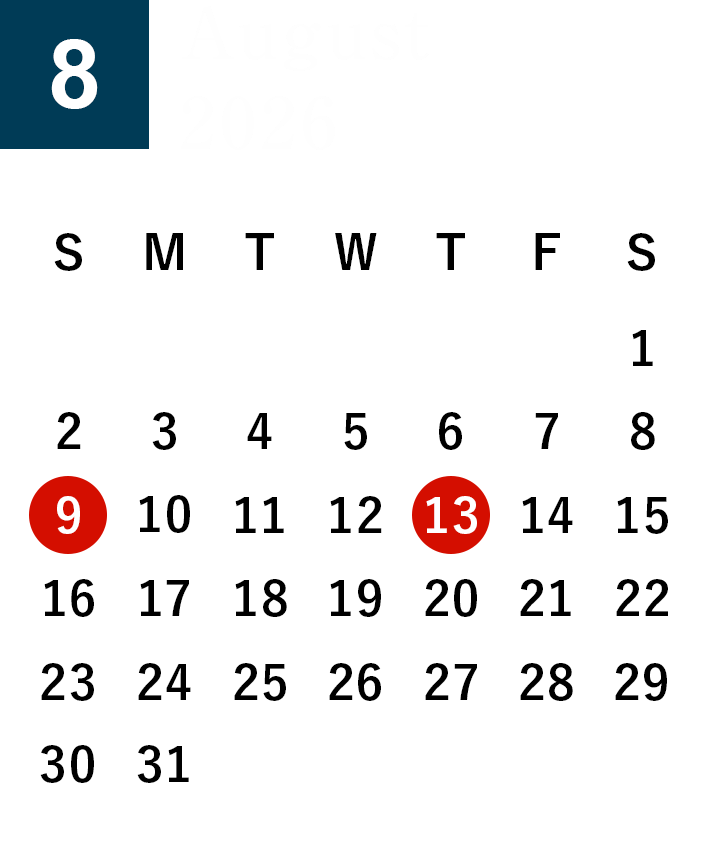 August 2026 Business day calendar